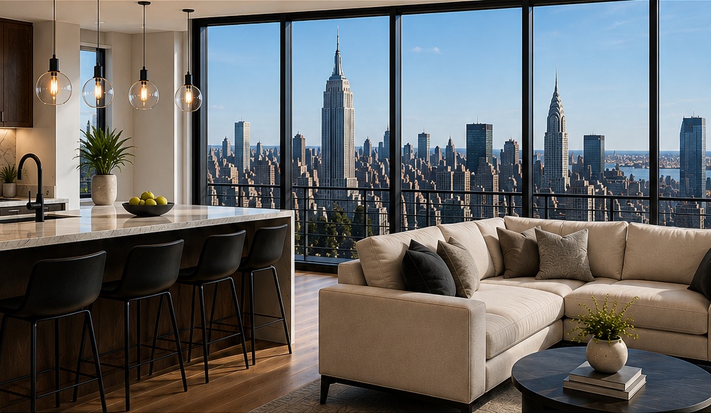 Modern NYC apartment with East River and Manhattan skyline view from Brooklyn